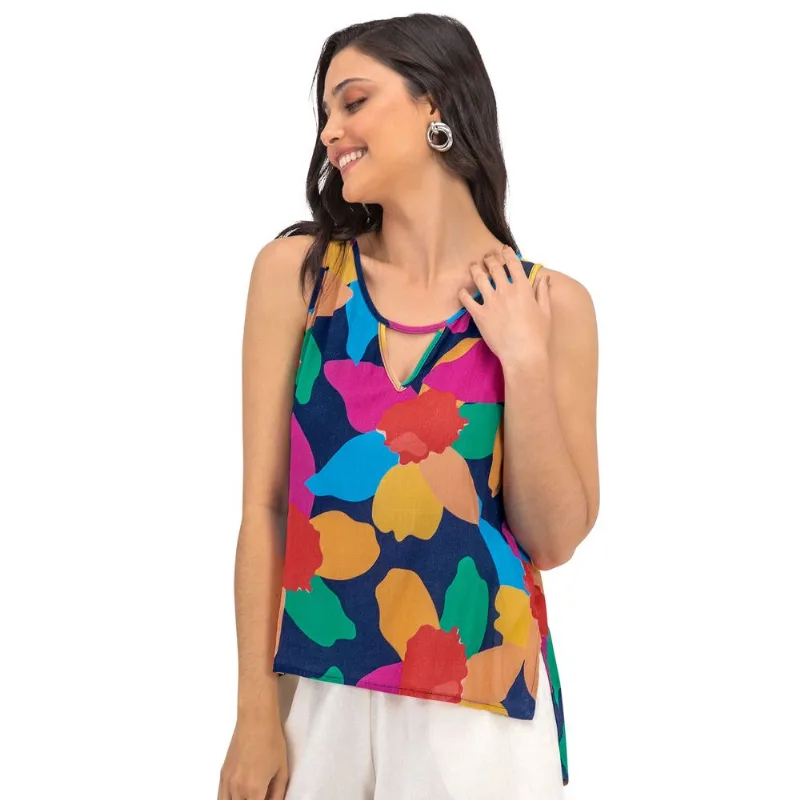 Regata Feminina Flores Assimétrica Rovitex Azul M