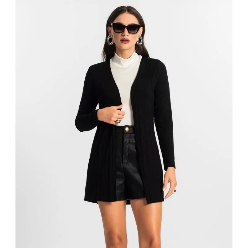 Cardigan Feminino Ribana Canelada Básico Endless Preto P