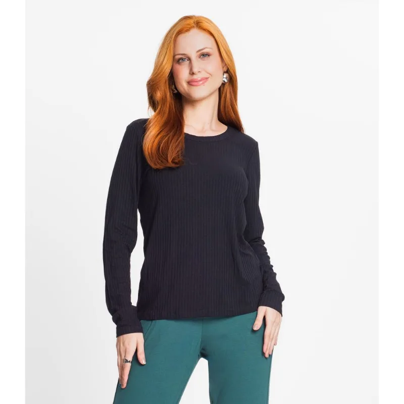 Blusa Manga Longa Canelada Básica Rovitex Preto P