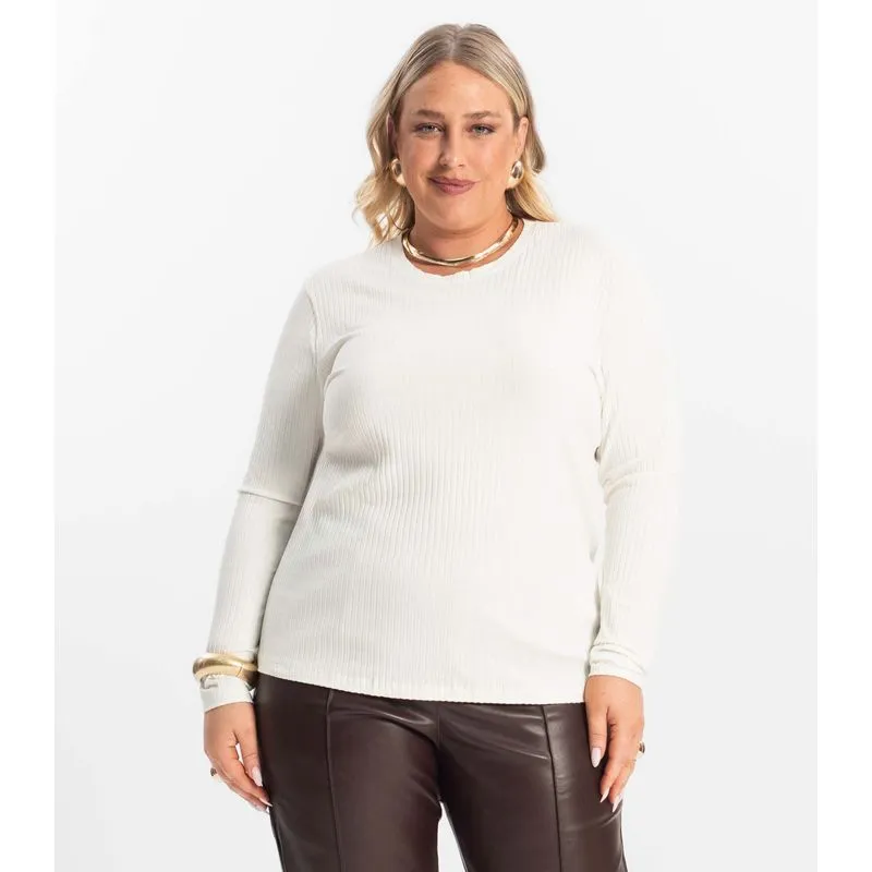 Blusa Manga Longa Ribana Canelada Secret Glam Bege Plus G2