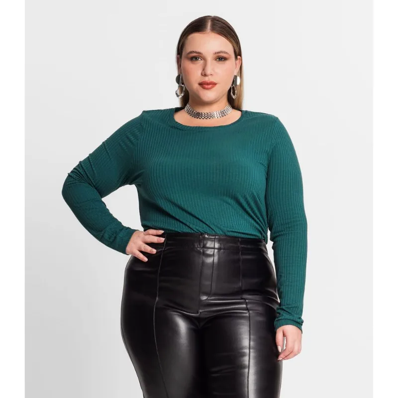 Blusa Manga Longa Ribana Canelada Secret Glam Verde Plus G4