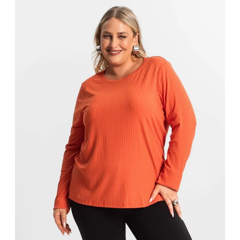 Blusa Manga Longa Ribana Canelada Secret Glam Laranja Plus G2