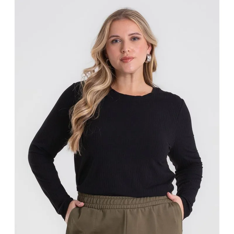 Blusa Manga Longa Ribana Canelada Secret Glam Preto Plus G2