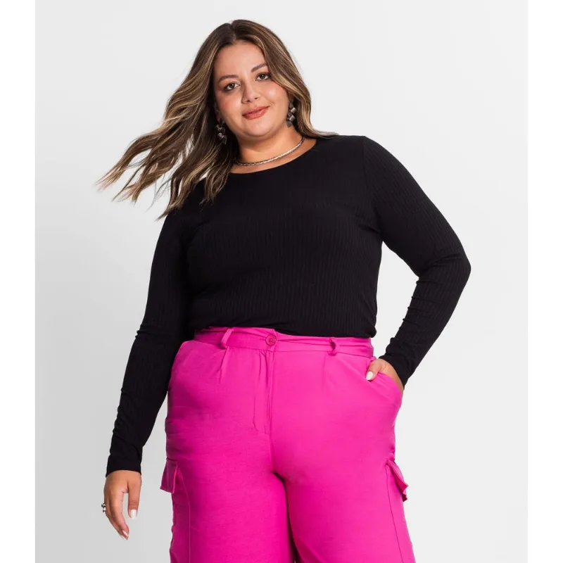 Blusa Manga Longa Ribana Canelada Secret Glam Preto Plus G4