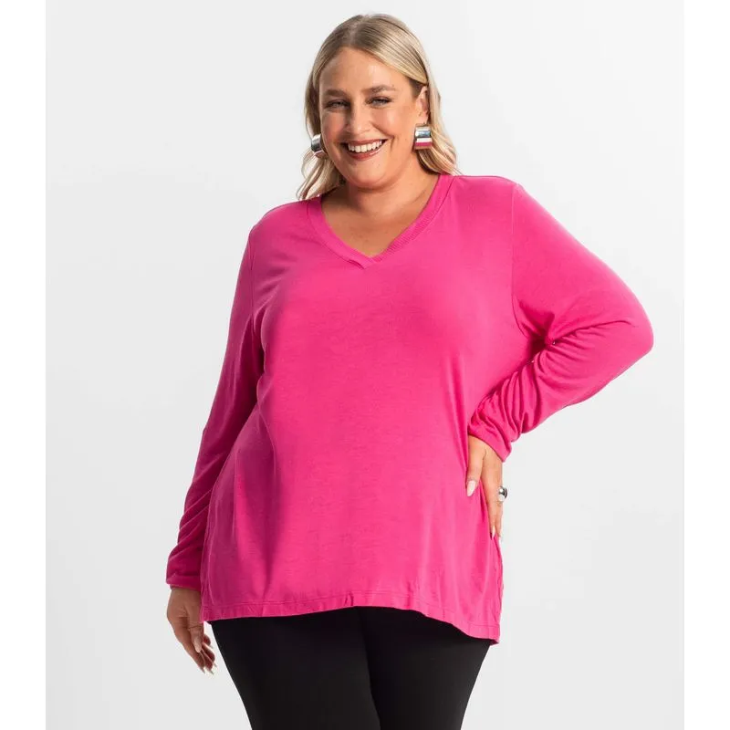 Blusa Manga Longa Visco Tricot Secret Glam Rosa Plus G2