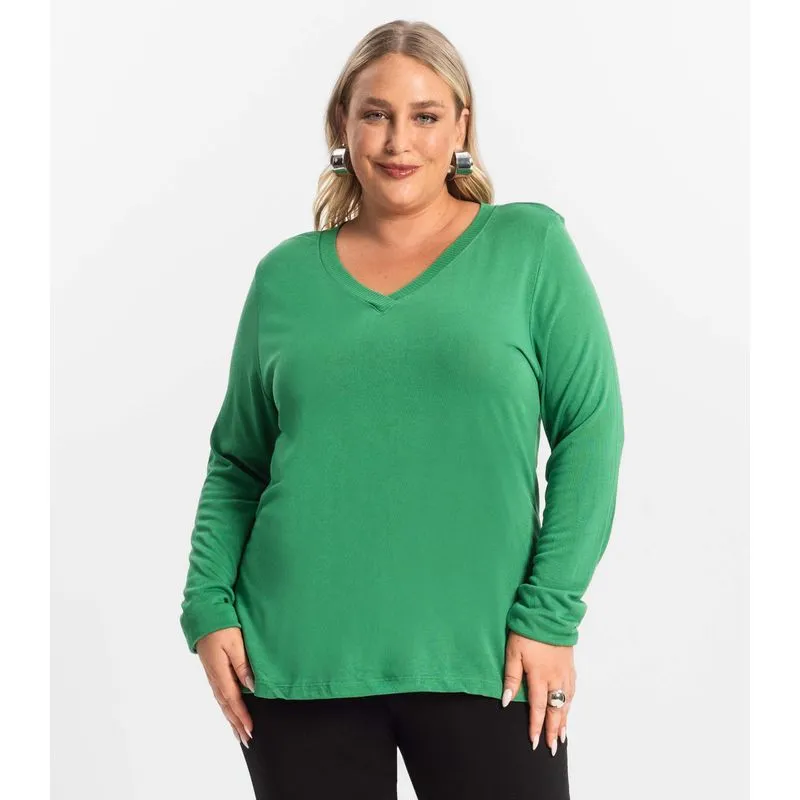 Blusa Manga Longa Visco Tricot Secret Glam Verde Plus G1