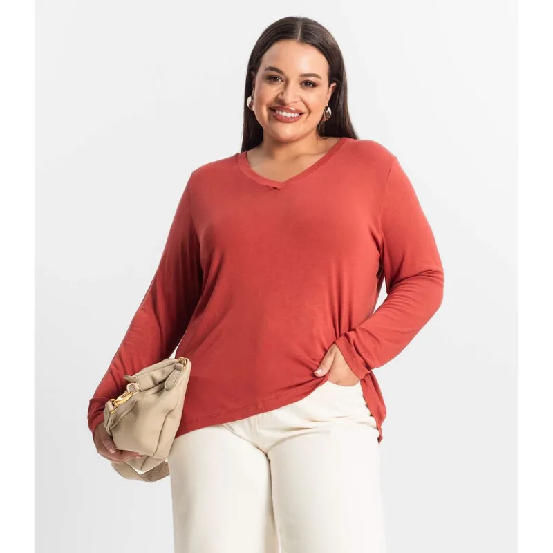 Blusa Manga Longa Visco Tricot Secret Glam Marrom Plus G4