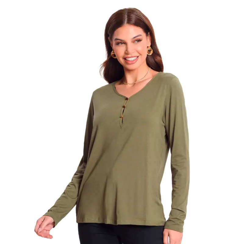 Blusa Feminina Rovitex de Manga Longa com Botões Verde Musgo - P