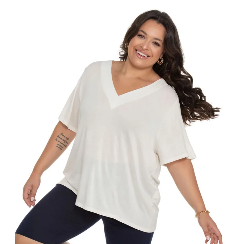 Blusa Feminina Plus Size Básica Secret Glam Bege Plus G1