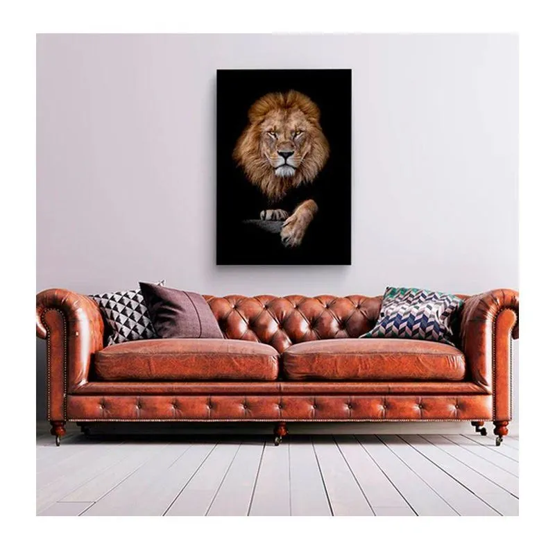 Quadro Animais Retrato Do Leão C- Moldura Dourada E Vidro Tamanho:120 X 80 Cm