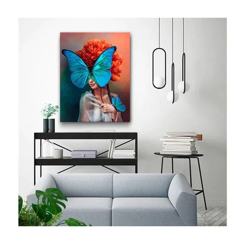 Quadro Arte Conceito Blue Butterfly Face C- Moldura Prata Tamanho:90 X 60 Cm