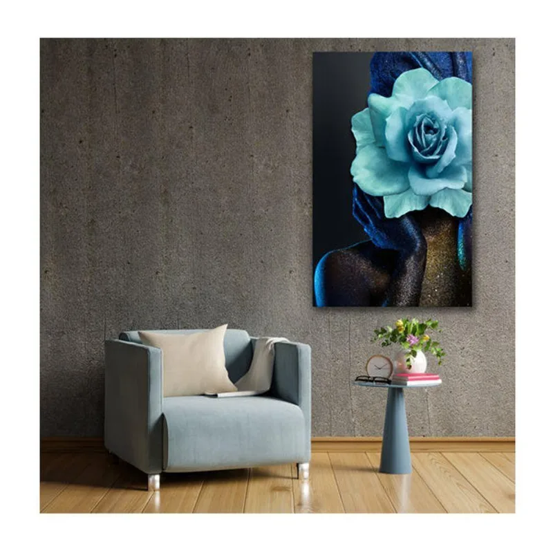 Quadro Arte Conceito Color Paint Woman Blue Rose C- Moldura Prata Tamanho:90 X 60 Cm