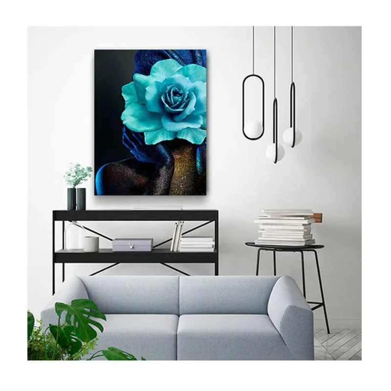 Quadro Arte Conceito Color Paint Woman Blue Rose C- Moldura Preta E Vidro Tamanho:120 X 80 Cm