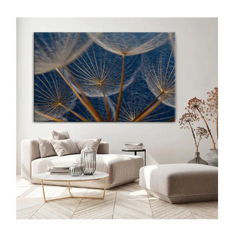 Quadro Folhas E Flores Dente De Leão Em Fundo Azul C- Moldura Prata Tamanho:120 X 80 Cm