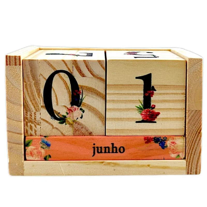 Calendário Mesa Cubo Geométrico Madeira Decorativo Flower