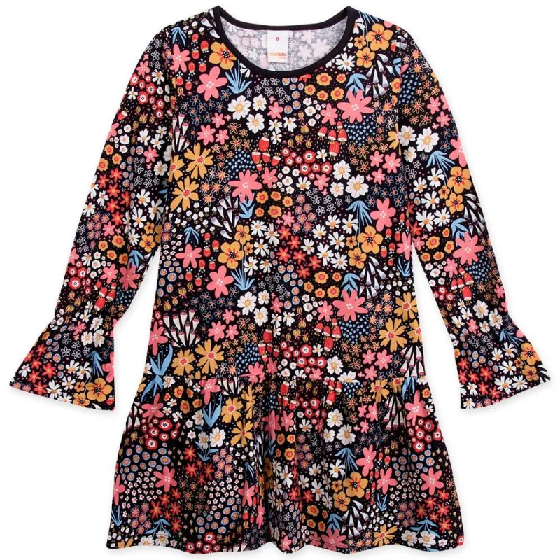 Vestido Floral Manga Longa Malha Infantil Marisol Play Preto 16