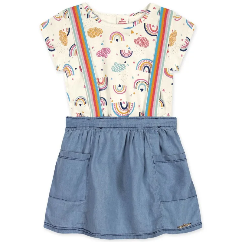 Conjunto Curto Arco-Íris Com Salopete Malha Menina Marisol Bege 3P