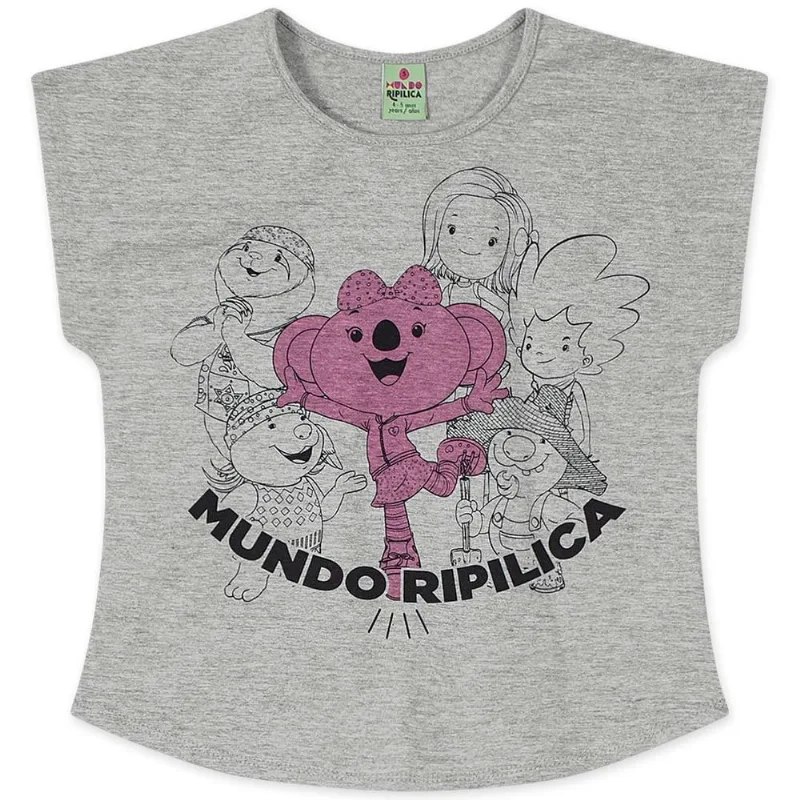 Blusa Manga Curta Malha Menina Mundo Ripilica Cinza 6
