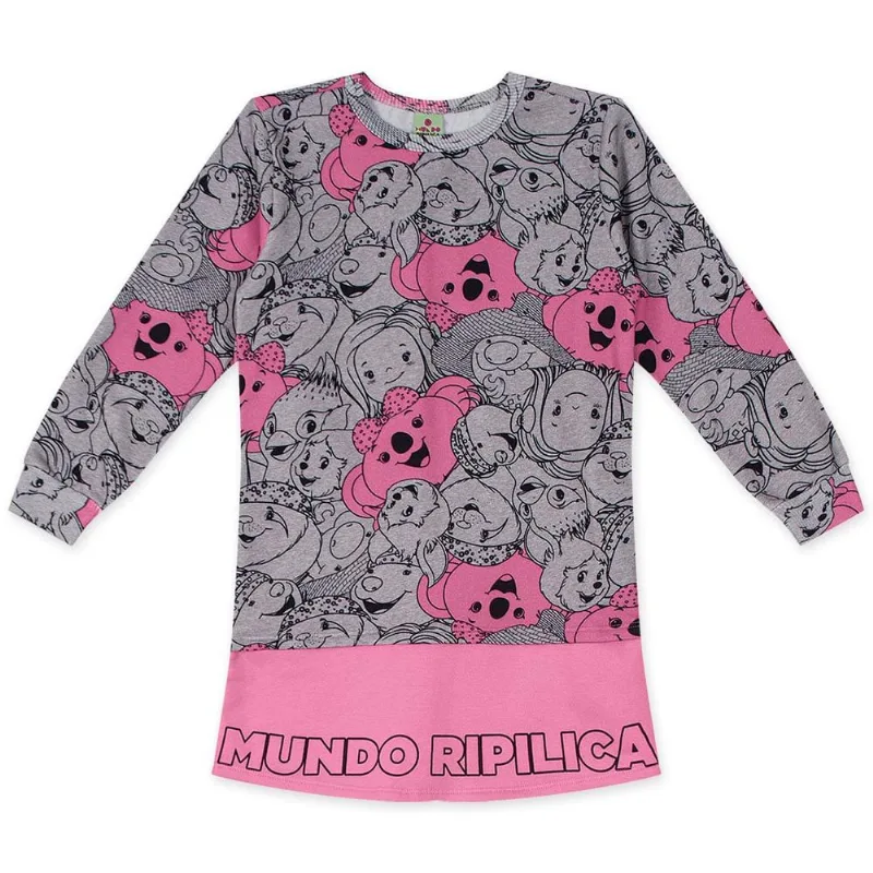 Vestido Moletom Manga Longa Infantil Mundo Ripilica Cinza 6
