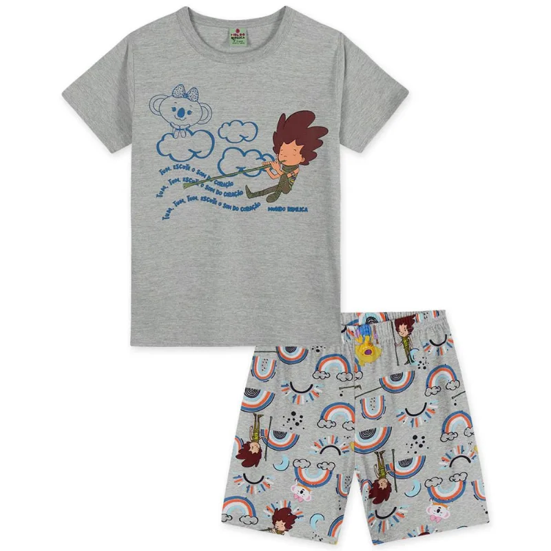 Pijama Curto Malha Menina Mundo Ripilica Cinza 4