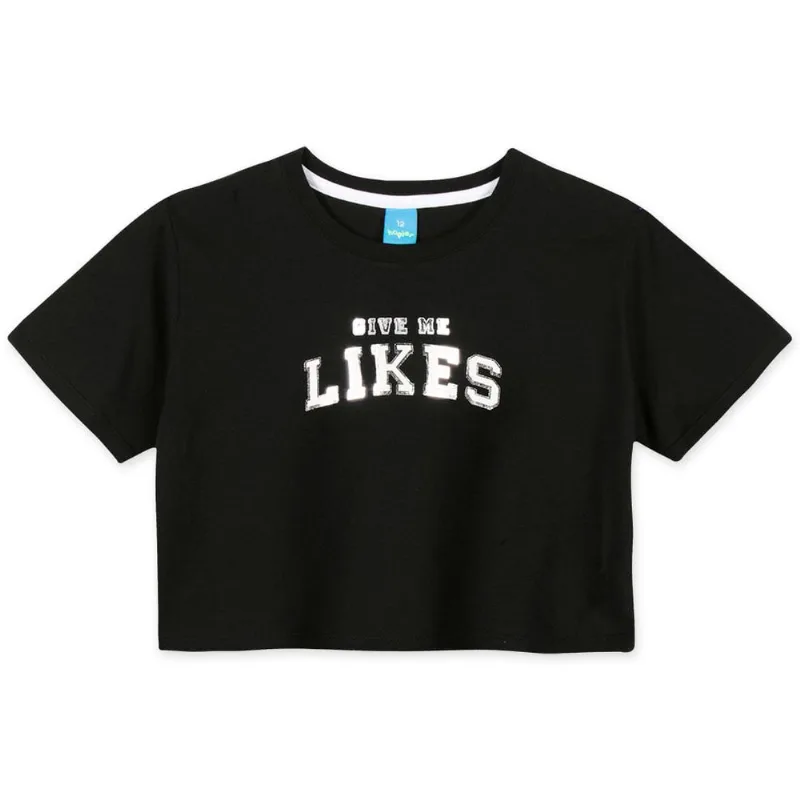 Blusa Cropped Manga Curta Malha Menina Preto 18