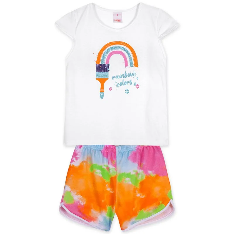 Conjunto Curto Arco-Íris Moletom Menina Marisol Play Branco 2P