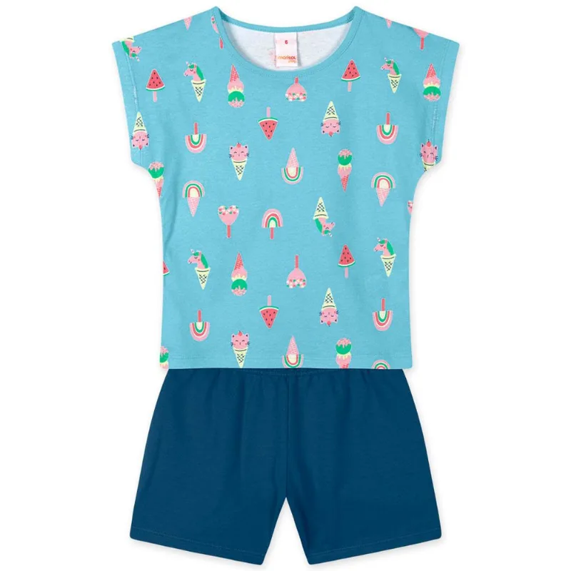 Conjunto Curto Sorvetes Infantil Feminino Marisol Play Azul 3P