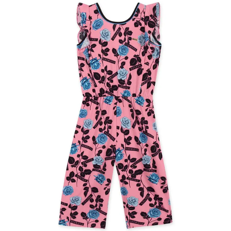 Macacão Floral Manga Curta Viscose Infantil Feminino Marisol Rosa 12