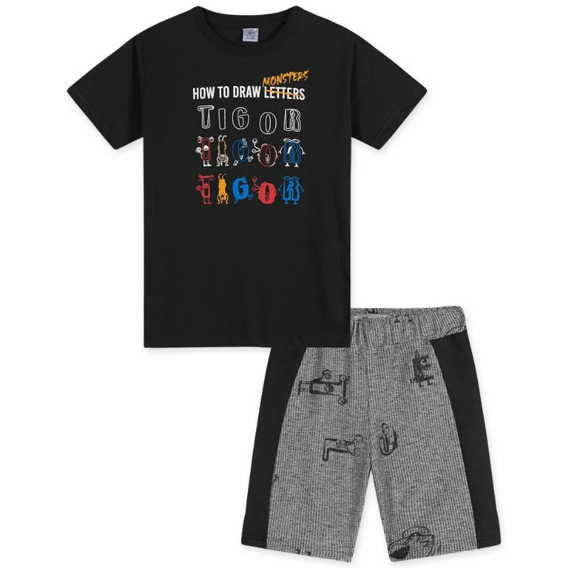 Conjunto Curto Moletom Infantil Masculino Tigor Preto 6