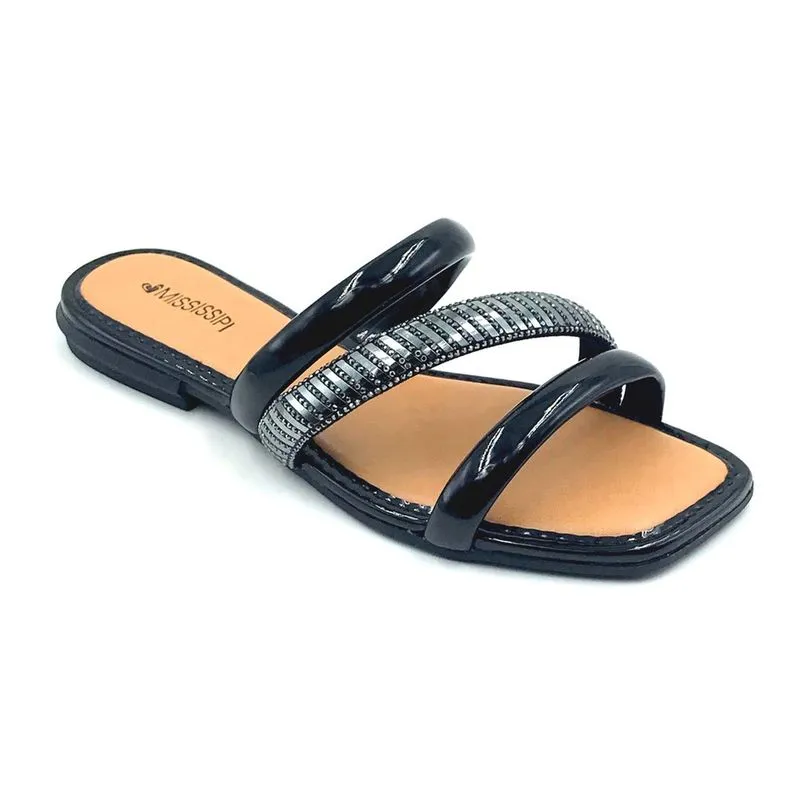 Rasteira Mississipi Preta Verniz com Strass 8841