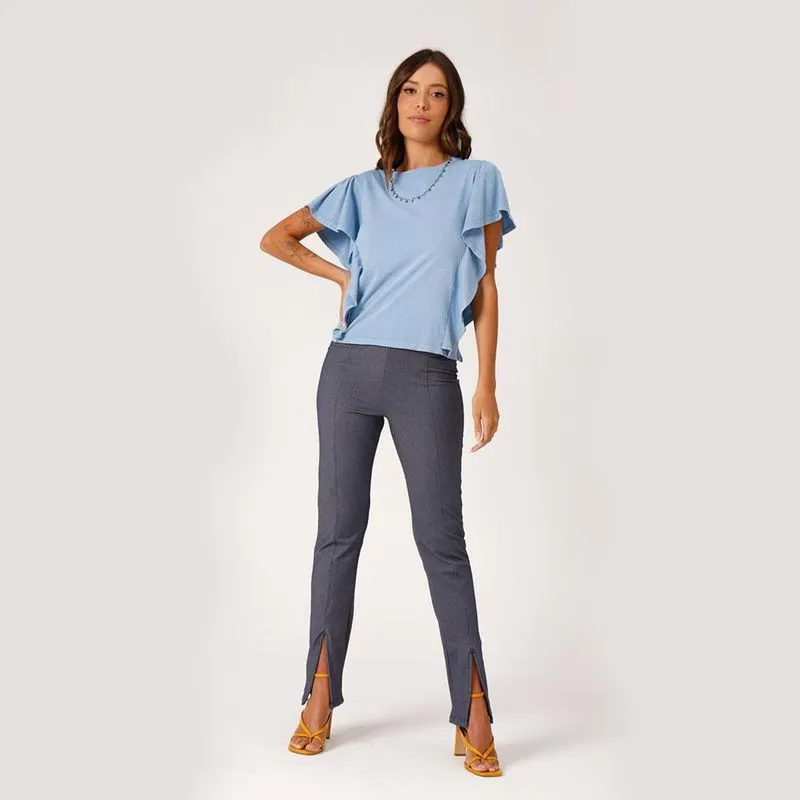 Calça Skinny Scalk Feminina Recortes Algodão Casual Conforto Azul Gg
