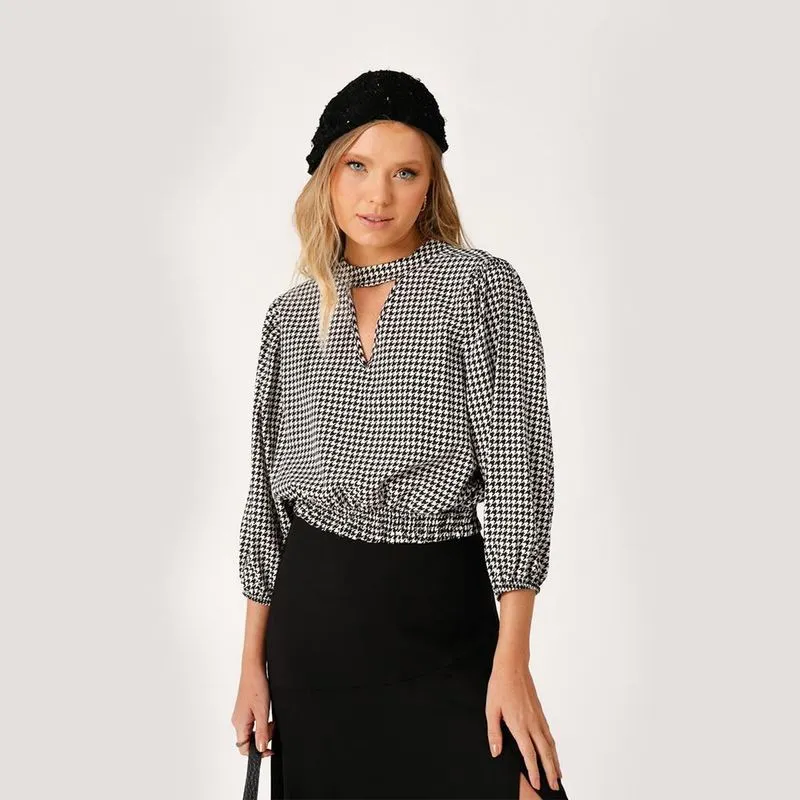 Blusa Scalk Feminina Estampa Pied De Poule Manga 7/8 Casual Preto/branco G