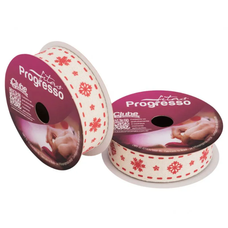 FITA DE ALGODÃO CRU ESTAMPADA ECOS005F 22MM ROLO 5M 002-NATAL FLOCOS DE NEVE FITAS PROGRESSO