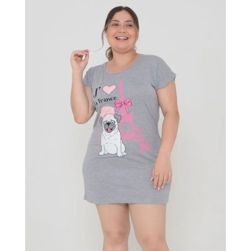 Camisola Plus Size Estampa Pug Cinza Claro 48