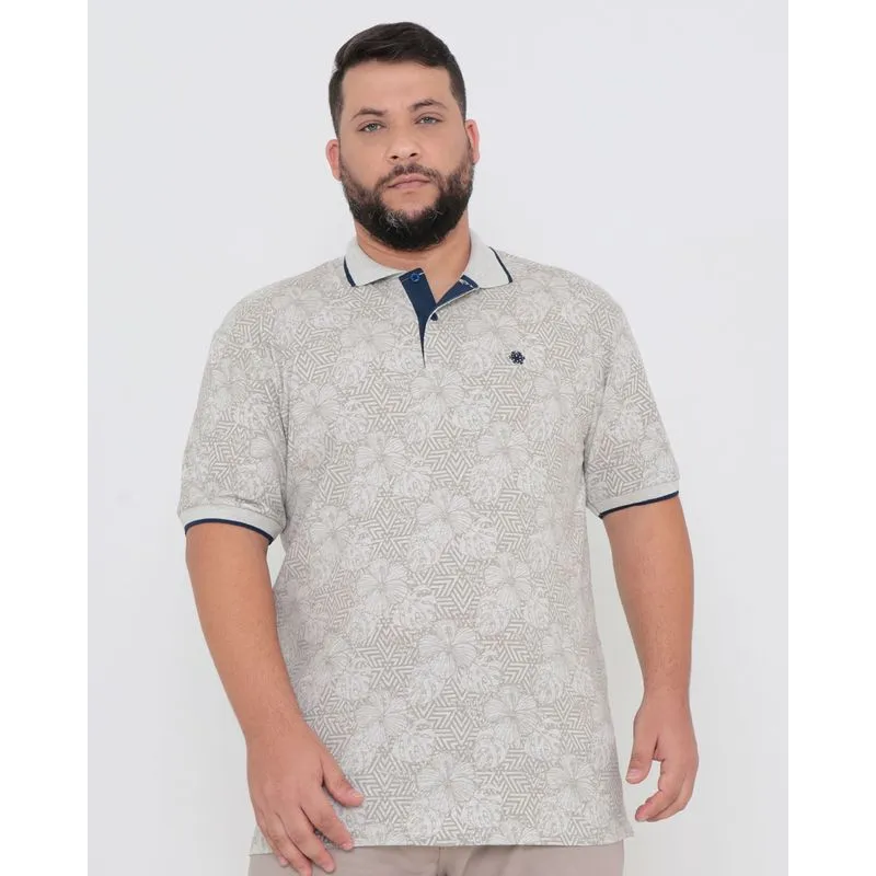 Polo Masculina Plus Size Com Bordado Floral Bege G3
