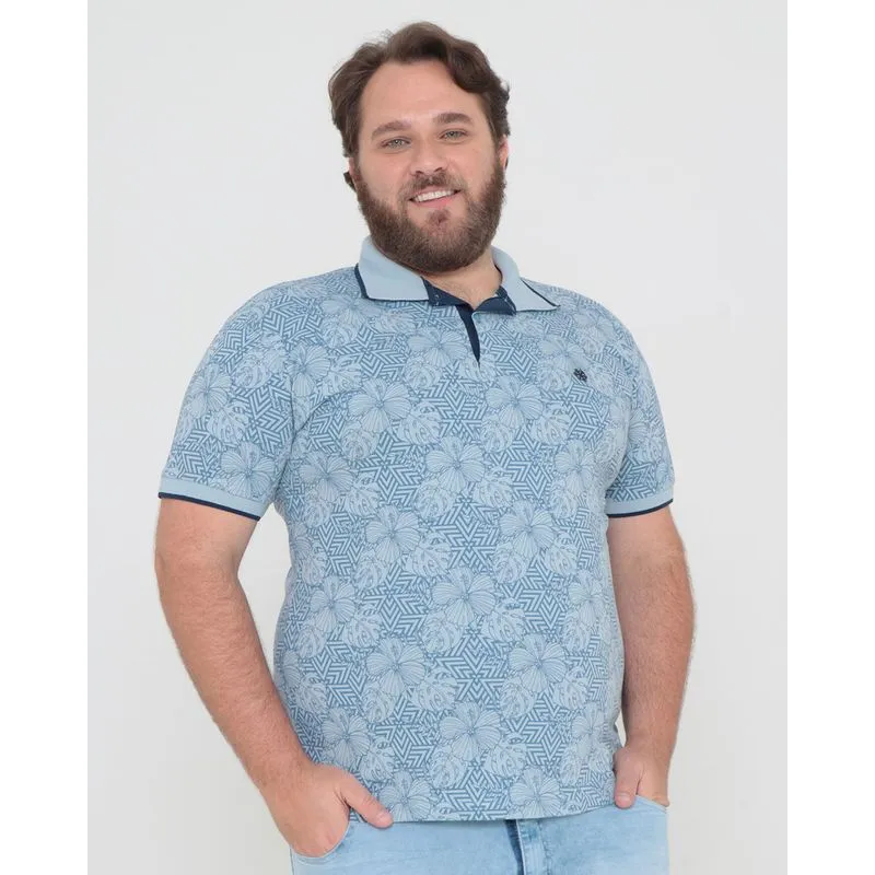 Polo Masculina Plus Size Com Bordado Floral Azul Claro G2