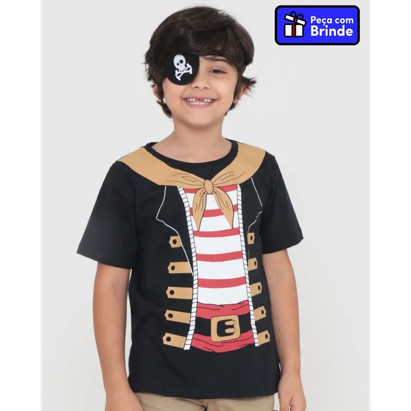 Camiseta Infantil Estampa Pirata Com Brinde Preta 8