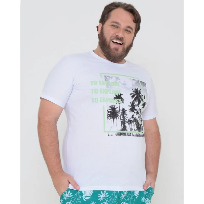 Camiseta Plus Size Estampa Tropical Branca G3