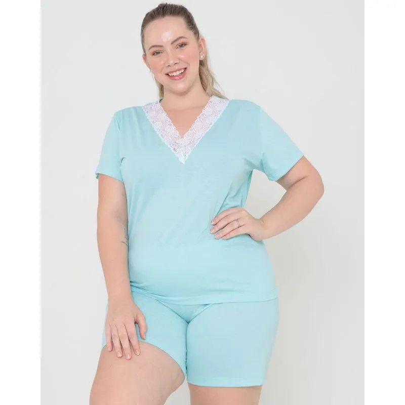 Pijama Plus Size Manga Curta Renda Azul Claro 52