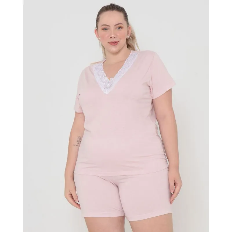 Pijama Plus Size Manga Curta Renda Rosa Claro 52