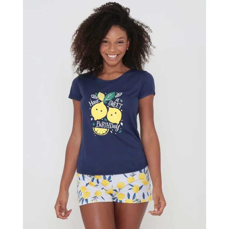 Pijama Feminino Curto Estampa Limões Azul Marinho GG