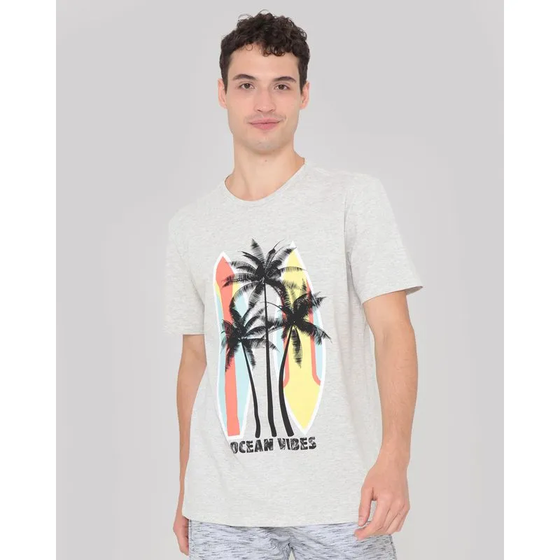Camiseta Surf Estampa Ocean Vibes Cinza Claro GG