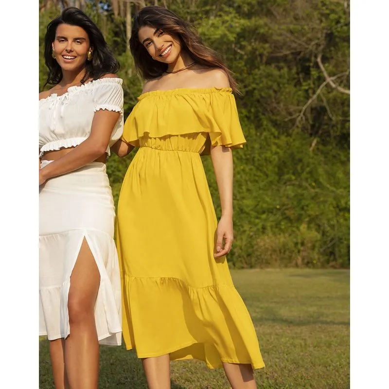 Vestido Ciganinha Midi Babado Mostarda M