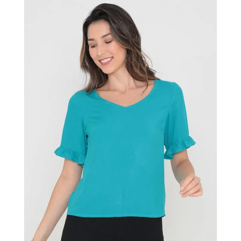Blusa Decote V Com Babados Na Manga Azul P