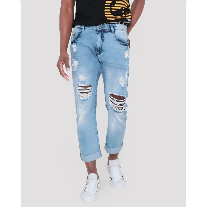 Calça Jeans Masculina Cropped Destroyed Delavê Azul Claro 44
