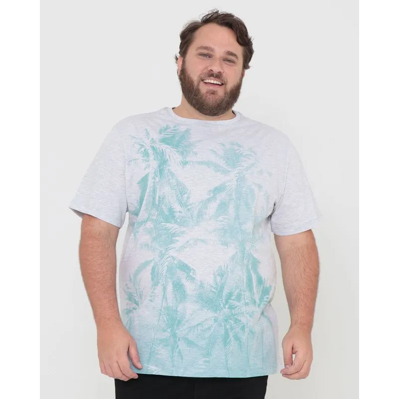 Camiseta Plus Size Estampada Coqueiros Manga Curta Cinza G3