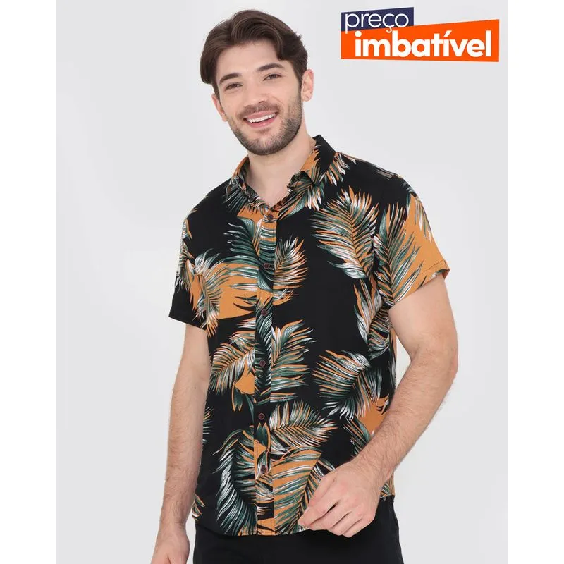 Camisa Masculina Viscose Estampa Folhas Preta M