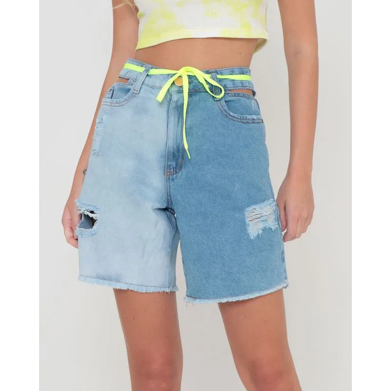 Short Jeans Feminino Destroyed Cordão Neon Azul 38