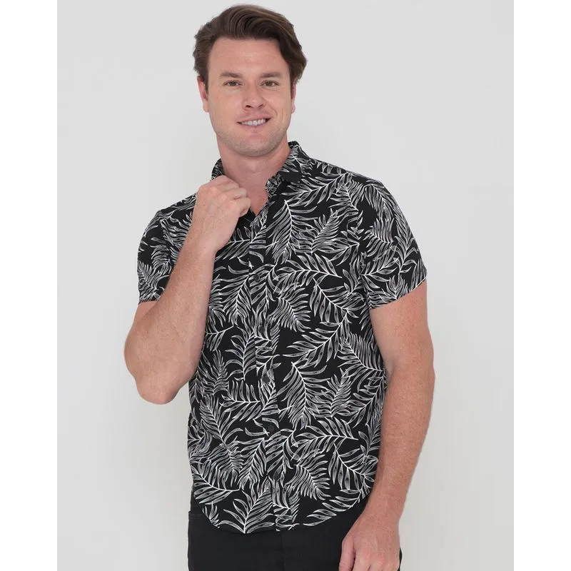 Camisa Masculina Tropical Estampa Folhas Preta G