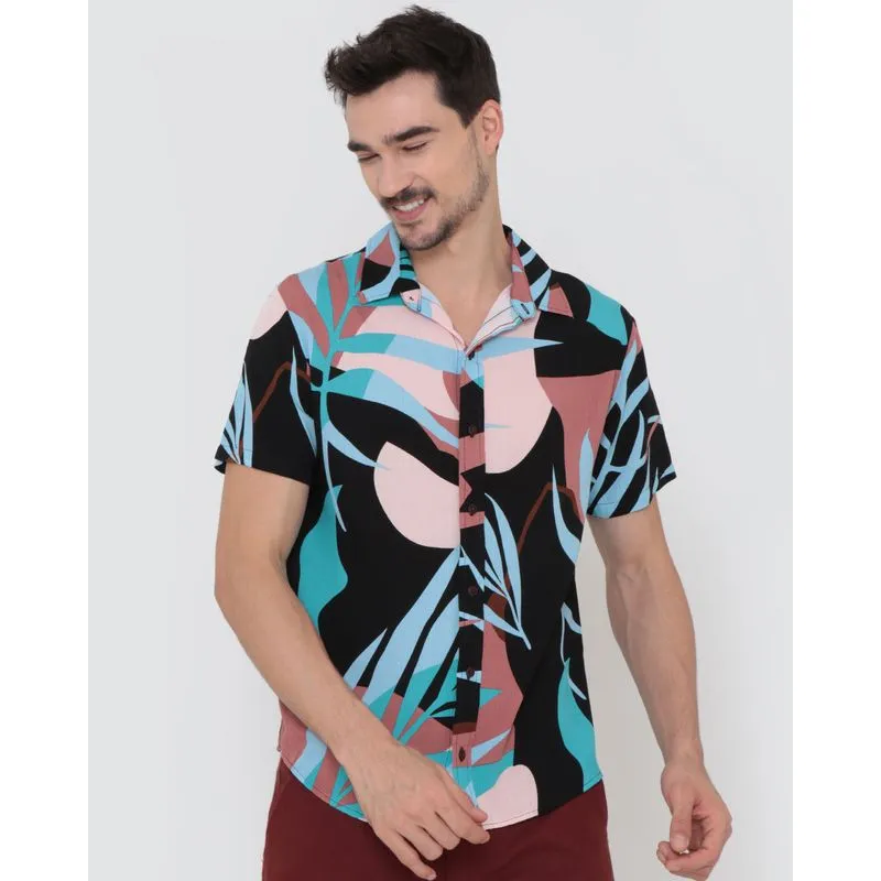 Camisa Masculina Viscose Estampa Folhas Preto P